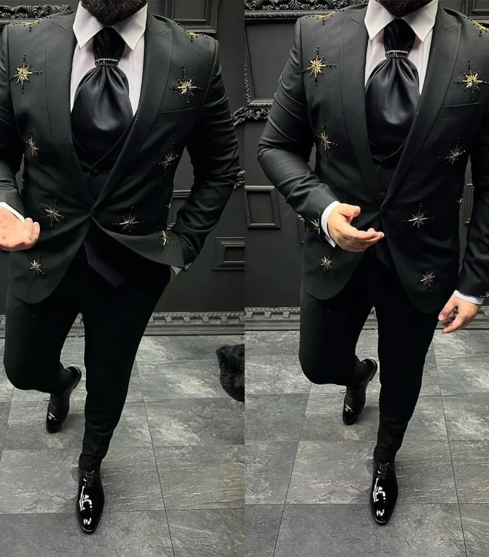 Luxury Men's Suits 3 Pieces Black Blazer Vest Pants Single Breasted Peaked Lapel Beads Wedding Tuxedos Formal Trajes Para Hombre