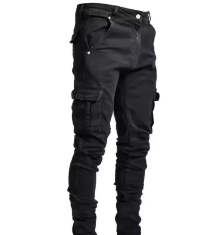 Street stretch jeans men's spring/summer denim work pants washed solid color multi pocket casual mid waist pants slim fit daily