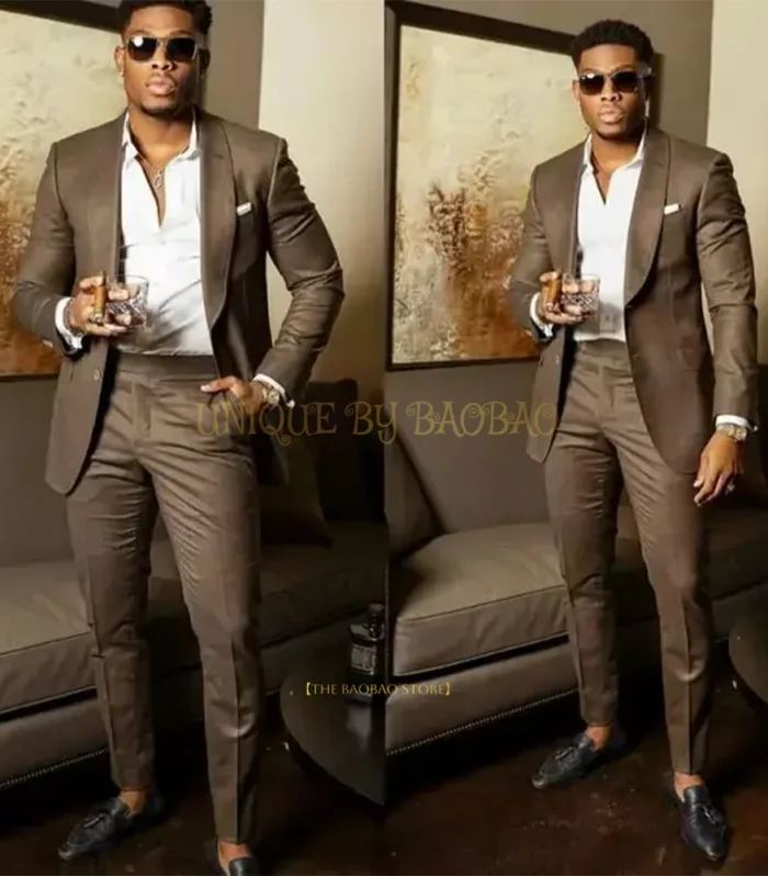 Men's Brown 2-piece Suit (Jacket + Pants) Shawl Collar Single-breasted Blazer Wedding Cocktail Business Dinner Birthday Tuxedo