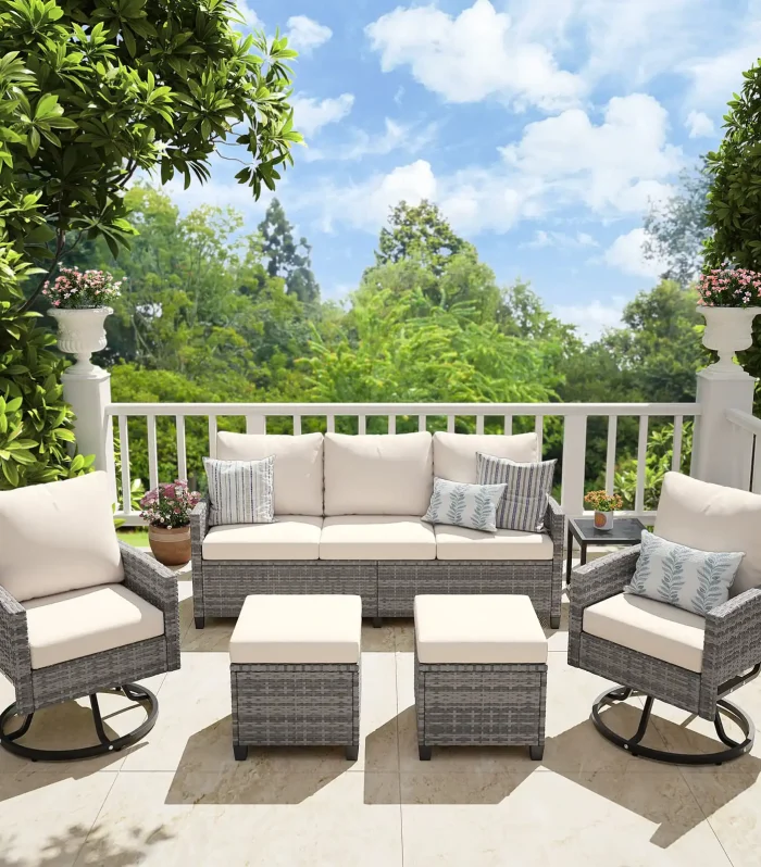 6 Pcs Wicker Patio Furniture Set, Outdoor Swivel Chairs, 3-Seat Sofa, Ottoman & Tempered Glass Side Table, All-Weather Conversat