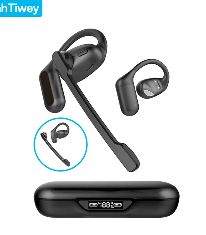 Open Ear Headphones with Boom Mic, Bluetooth 5.4 Wireless Headsets with Detachable Microphone, ENC Noise Cancelling, Mute Button