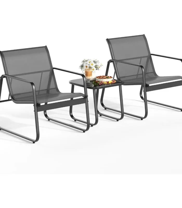 Patio Chairs Set of 2, Patio Furniture Set with Metal Frame Glass Table, Outdoor Chairs Set of 2 for Balcony, Bistro Table and