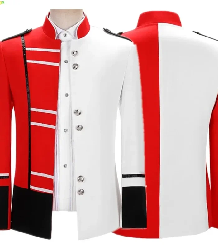 Asian Size Mens Standing Lapel Suit Jacket,Single Breasted Blazers,White Black & Red Patchwork ,Wedding/Party Dress Coats,M-5XL