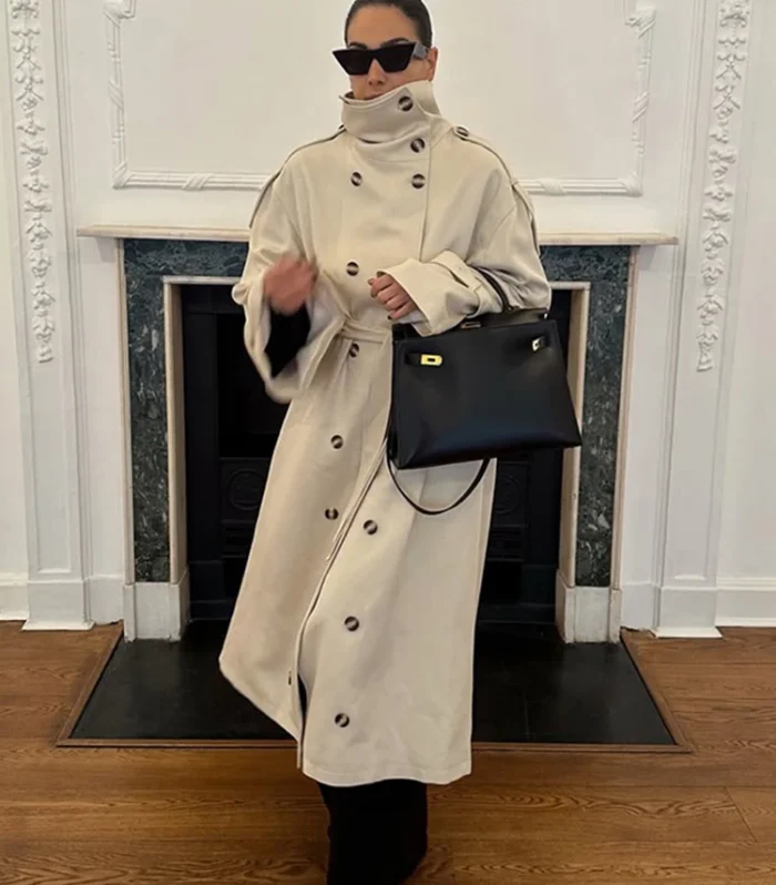 Women's Trench Coat Double Breasted Stand Collar Epaulet Lace Up Long Windbreaker Office Lady Autumn Winter Solid Slim Outerwear