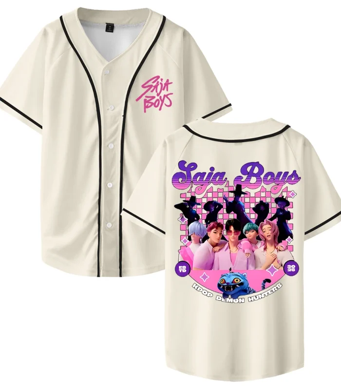 KPop Demon Hunters Saja Boys Jersey Baseball Jacket Shirts V-Neck Short Sleeve Button-up Tee Men Women Streetwear Tops