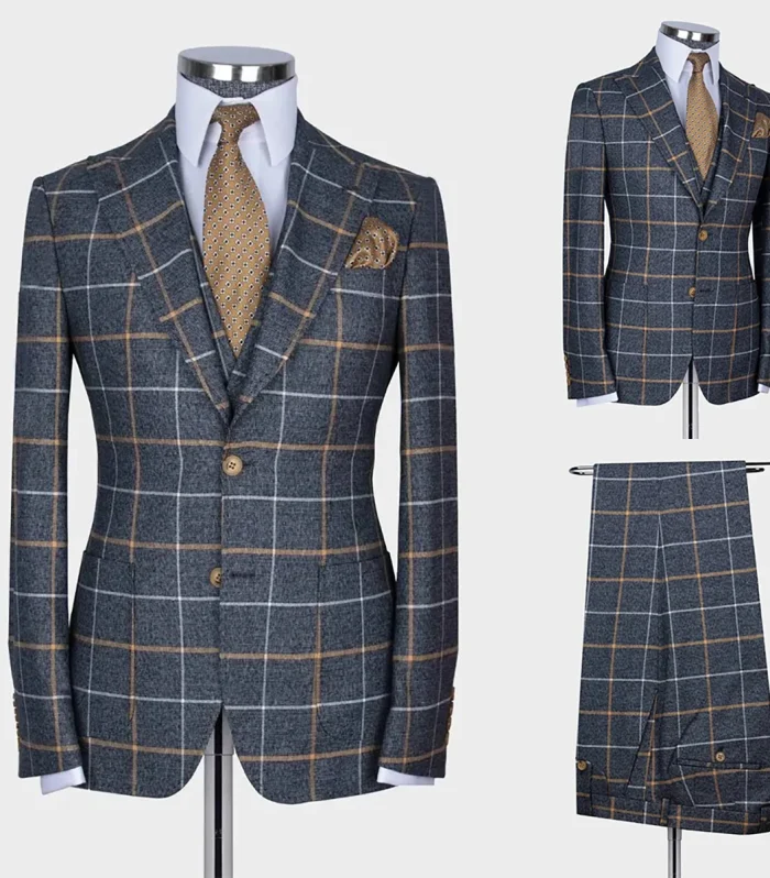 Plaid Gentle Men Suit Tailor-Made 3 Pieces Blazer Vest Pants Single Breasted Appliques Wedding Groom Business Prom Customized