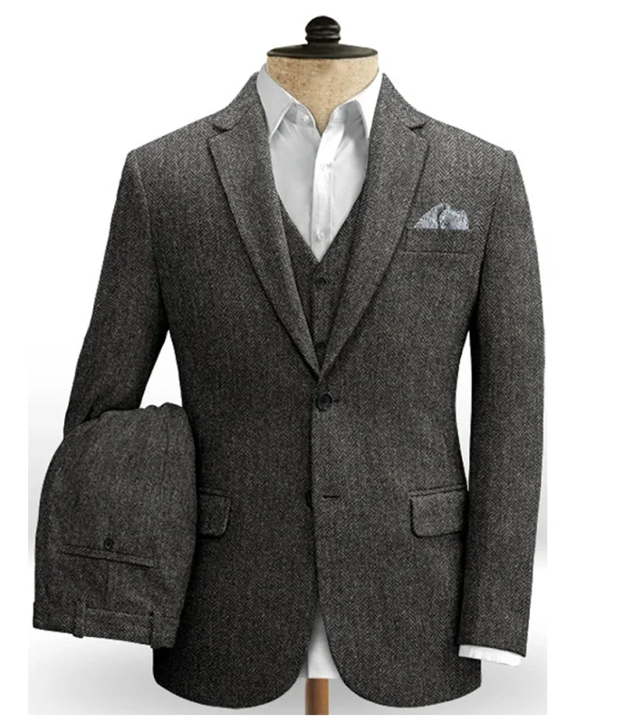 Classic Mens Tweed Suits Tweed Suit Homme Vintage Single Breasted Suits For Men Tailor-Made Mens Suit 3 Piece Costume Men 2024