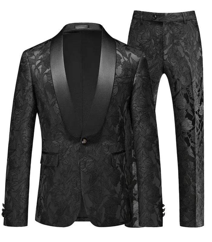 Men's Slim Business Casual Plus Size Suit Single Breasted Two Piece Patterned Suit, Silver, Black, Red Available