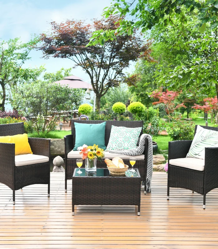 4PCS Rattan Patio Furniture Set Cushioned Sofa Chair Coffee Table Garden