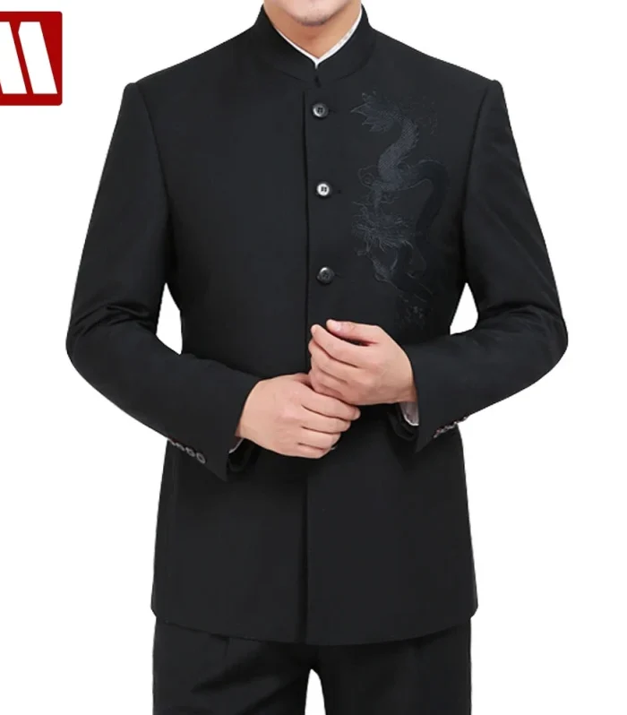 Men's Single Breasted Suits Embroider Dragon Suit Sets Fashion Chinese Tunic Suit Men Casual Black Blazers Jacket and Trousers