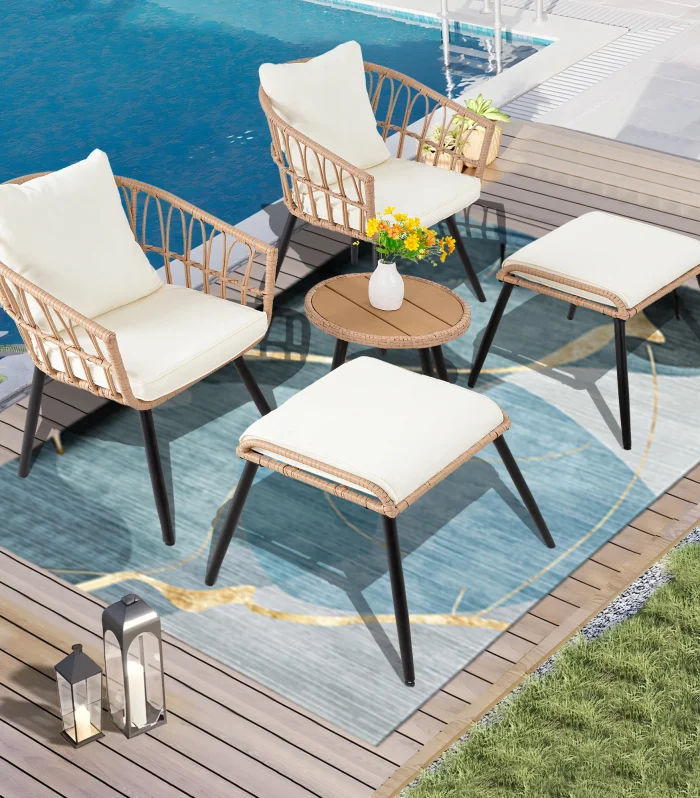 5 Piece Patio Furniture Set, Outdoor Wicker Small Conversation Bistro Set, All-Weather PE Rattan Chairs with Ottoman & Coffee Ta