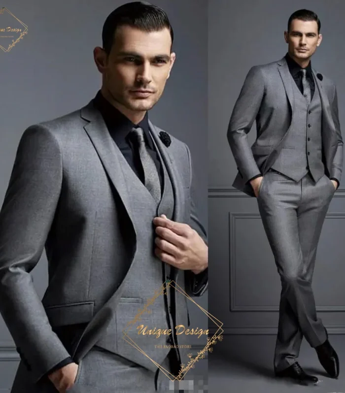 Men's Suit 3-Piece in Grey Jacket Vest Pants Classic Single-breasted Slim Fit Custom Tuxedo for Wedding Party Dinner Wear Gift