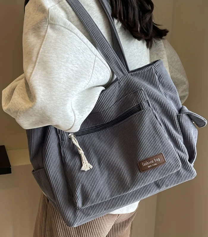 Simple Corduroy Tote Bag, Solid Color Shoulder Bag, Retro Multi Pockets Handbag For School Work Shopping