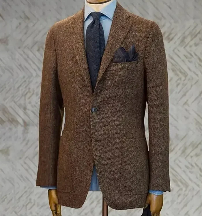 Uncle Nick's Wooster-Style Suit, Autumn and Winter Vintage Tweed Wool Herringbone Pattern Men's Blazer Suit