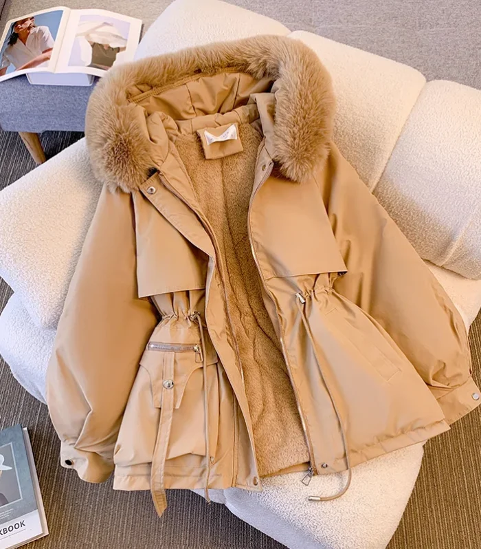 Fleece Lined Hood Down Jacket Winter Coat for Women Warm Drawstring Padded Parkas Korean Casual Streetwear Female Puffer Outwear