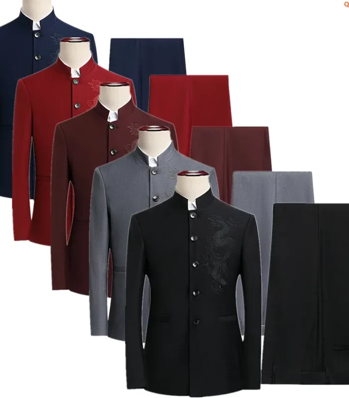 China Style Men Black Suit Two Piece, Single Breasted Lapel Jacket with Trousers, Asian Size M-6XL,Wedding/Party/Business Suits