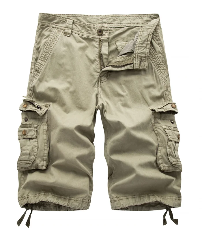 New men's plus size solid color side multi pocket workwear shorts for summer 2025, casual beach shorts, loose five piece workwea