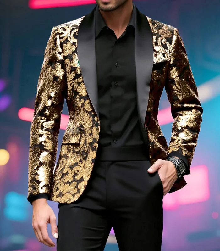 Shiny Sequin Embellished Single Button Stage Performance Outerwear in Blue Gold Green Purple Options for Men's Red Suit Jacket