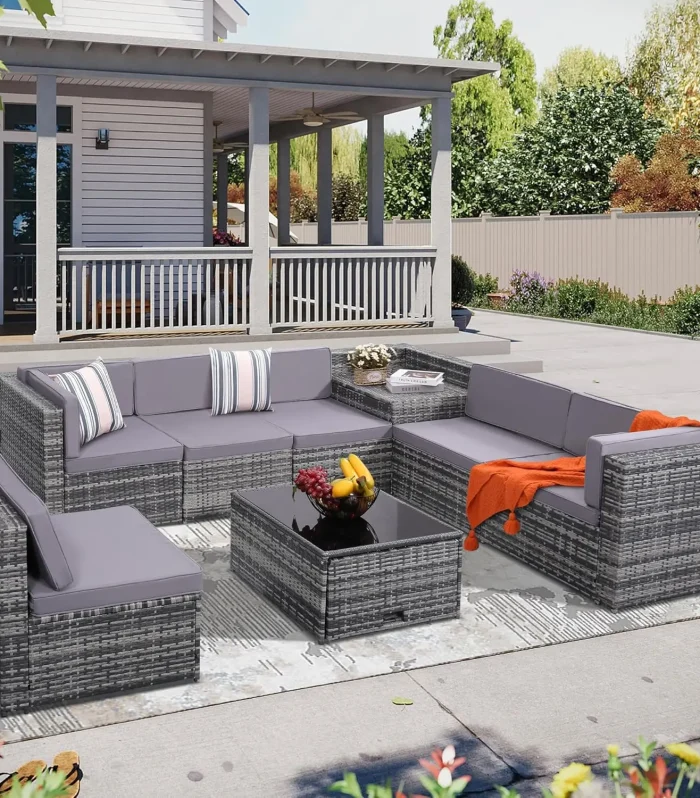 8 Piece Outdoor Wicker Patio Furniture Sectional Set, Glass Top Table with Hidden Storage, Grey Rattan with Light Grey Cushions