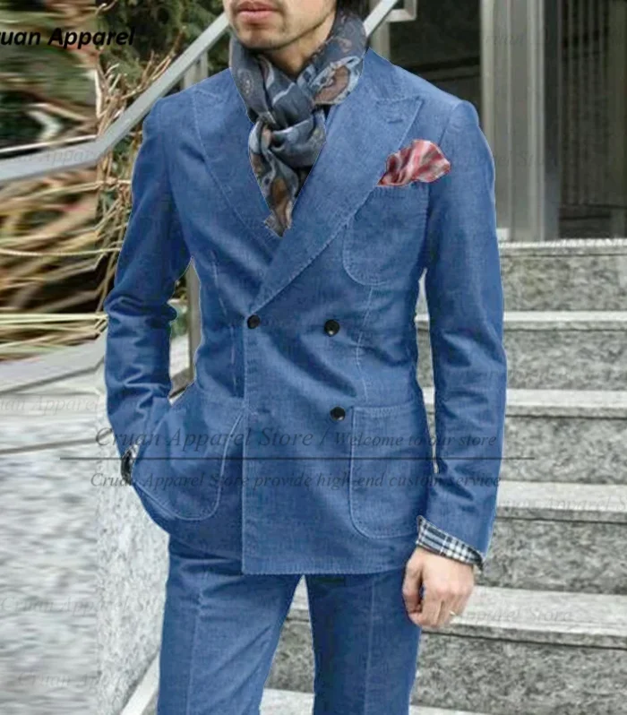 New Denim Suits for Men Slim fit Tailor-made Fashion Business Wedding Tuxedo Set Casual Winter Black Suit Jacket Pants 2 Pieces