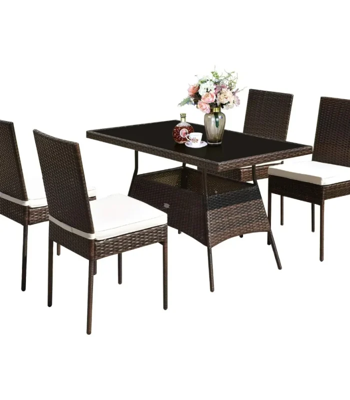 5 Piece Patio Wicker Dining Set, Outdoor Rattan Table and Chairs with w/Tempered Glass Table Top & Padded Cushions, Wicker Pati
