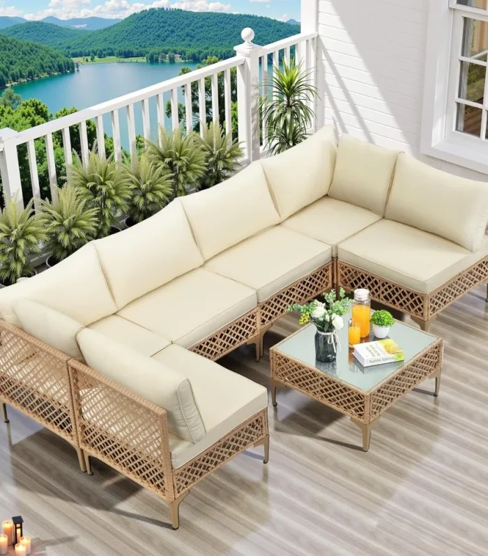 7 Piece Outdoor Wicker Patio Furniture Set, Rattan Sectional Sofa Couch, Patio Conversation Set with Cushion & Coffee Table