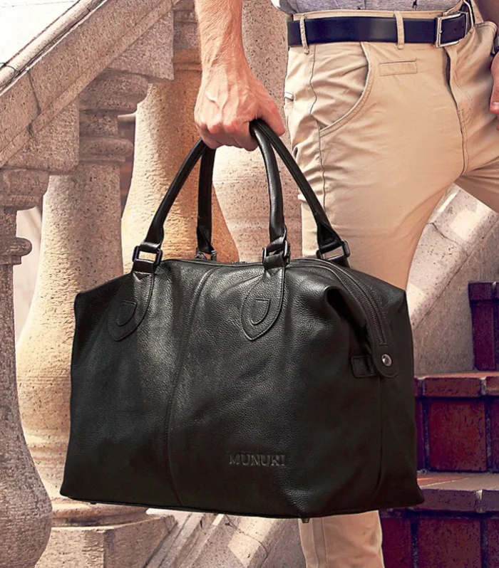 Fashion Genuine Leather Travel Bag Men's Luggage Bags Large Male Duffle Bag weekend Women Shoulder Bag Big Tote Handbag Black