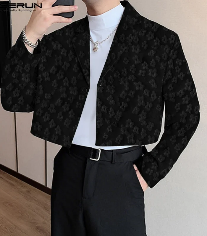 INCERUN Men Blazer Flower Jacquard Lapel Long Sleeve Crop Coats Men Streetwear Autumn 2025 One Button Fashion Casual Male Suit