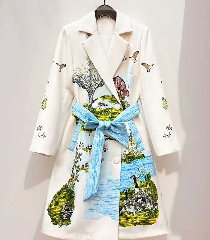 2025 Autumn Winter Women's Trench Coat Double-Breasted Belted Long Printed Jacket Elegant Lapel Fashion Outerwear
