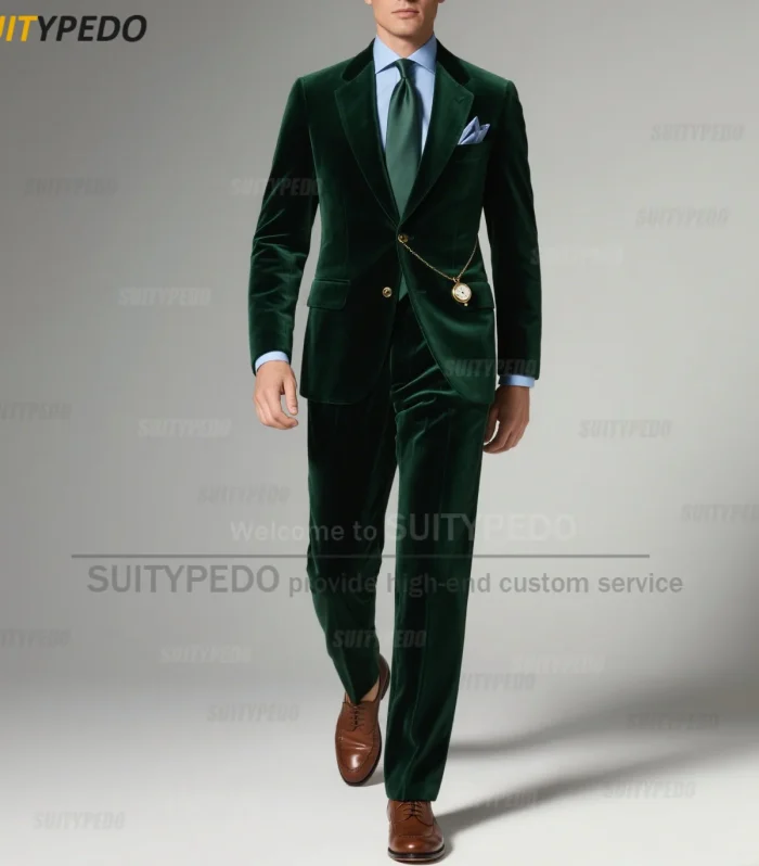 Vintage Green Velvet Suit Blazer And Pants For Men Elegant Tailor-made Costumes Hommes Brief Suit 2 Pieces Formal Evening Gowns