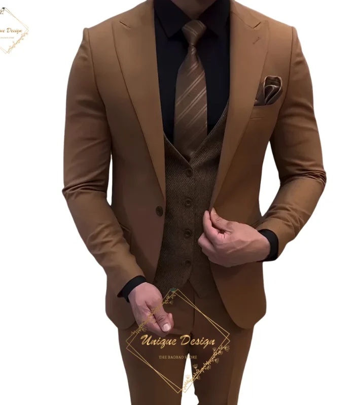 Premium men's 3-piece suit brown single-breasted jacket pants herringbone vest custom for wedding groom ball party outdoor event