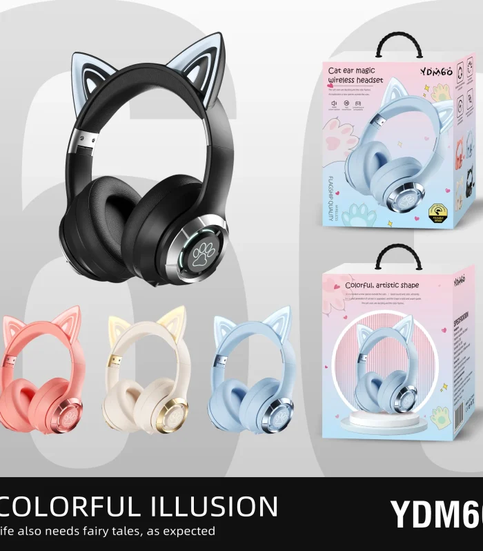 Cute Cat Ear Bluetooth Compatible Headset with LED Wireless Headset Children Girls Stereo Folding Sports Headset with Microphone