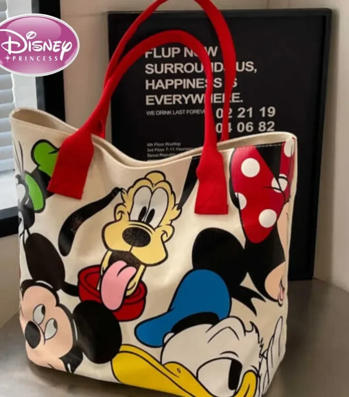 DisneyCartoon Mickey Fashion Versatile LargeCapacity Canvas Shoulder Bag Women's Casual Versatile Tote Bag Student Class Handbag