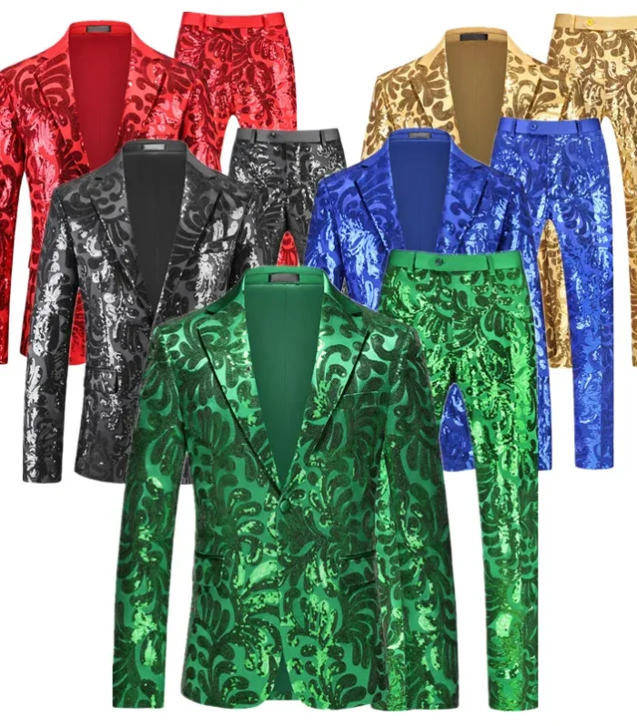 New Men's Luxury Sequined Suits Red / Green / Gold Fashion Singer Host Dance Party Performance Dress Floral Blazers and Pants