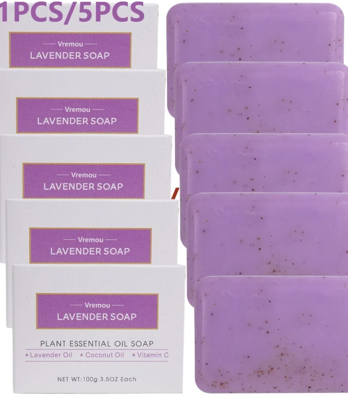 1Pcs/5Pcs Lavender Soap, Exfoliating Cream Granule Essential Oil Soap, Male And Female Cleansing Body Bath Fragrance Soap