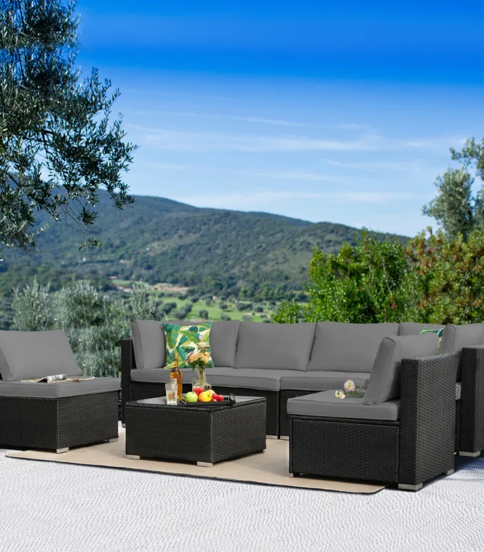 Outdoor NAGA BAHNA Patio Furniture, 8 Piece Outdoor Sectional Sofa PE Rattan Wicker Patio Conversation Sets with Thick Cushions