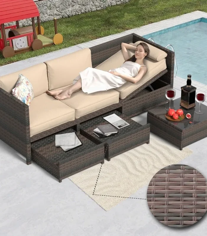 Ultimate 5Position Reclining Outdoor Patio Rattan Sofa Set with Hidden Storage Table Thick Waterproof Cushions Converts to Dayb