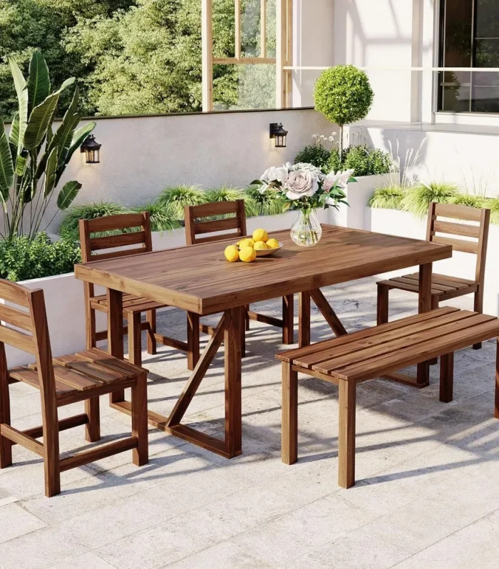 Patio Dining Table Set for 6, Acacia Wood Outdoor Table and Chairs Set, All Weather Patio Dining Set with Bench for Balcony, Bac