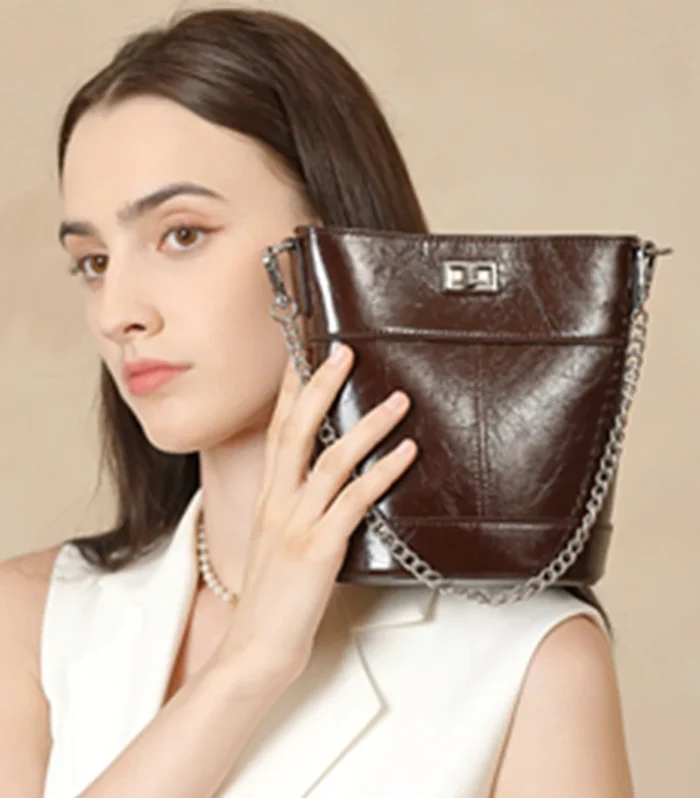 Burminsa Oil Wax Genuine Leather Bucket Small Shoulder Crossbody Bags For Women 2025 Luxury Designer Chain Phone Ladies Handbags