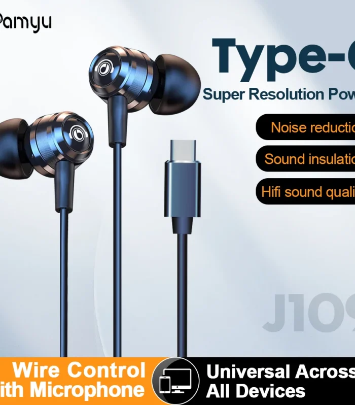 J109 Wired Earbuds with Type-C and 3.5mm Jack In Ear Headphones for Superior Sound Quality mic hifi stereo metal headphones