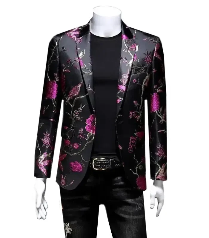New Men Fashion Trend Wedding Party Jacquard Suit Jacket Single-breasted Slim Blazer Singer Host Stage Performance Dress Coats