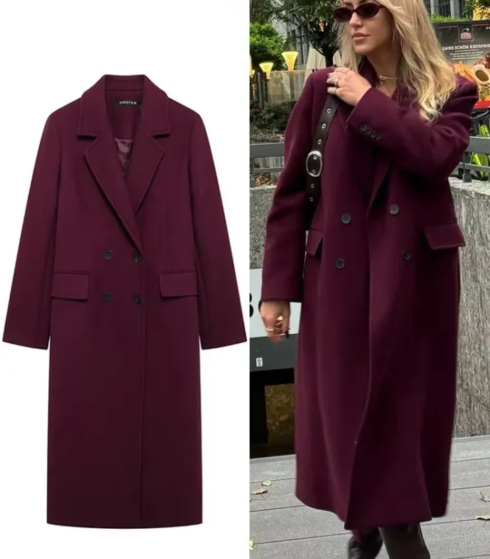 HH Women Fashion Burgundy Woolen Coat Double Breasted Long Sleeve Lapel Blends Jacket Autumn Winter High Street Outerwear