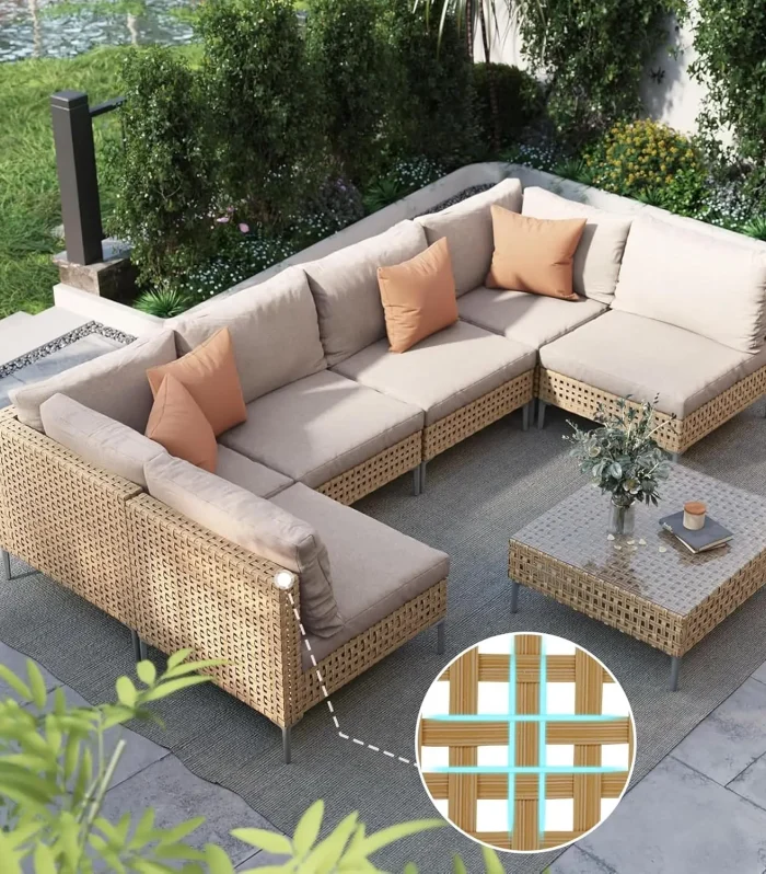 7pcs Wicker Patio Furniture Set, Boho Outdoor Conversation Set Sectional Sofa With Thick Cushions And Coffee Table