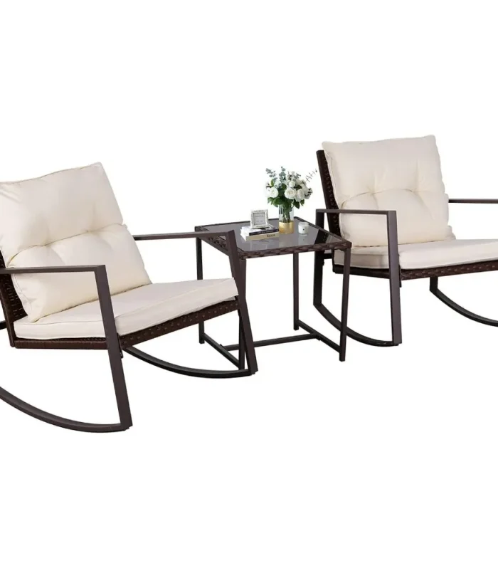 3-Piece Patio Bistro Set Outdoor Rocking Chairs Set Brown Wicker Porch Chairs with Glass Coffee Table, Beige Cushion