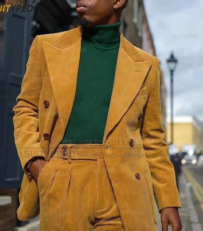 Corduroy Men Suits Slim Fit Set Double Breasted Blazer Pants 2 Pieces Tailor-made Luxury Business Party Wedding Tuxedos for Men