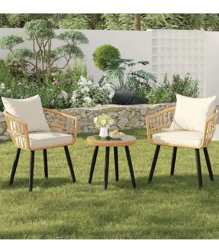 3 Piece Patio Porch Furniture Sets - Outdoor Wicker Chairs Bistro Set w/Cushions & Table for Balcony Lawn Pool Backyard