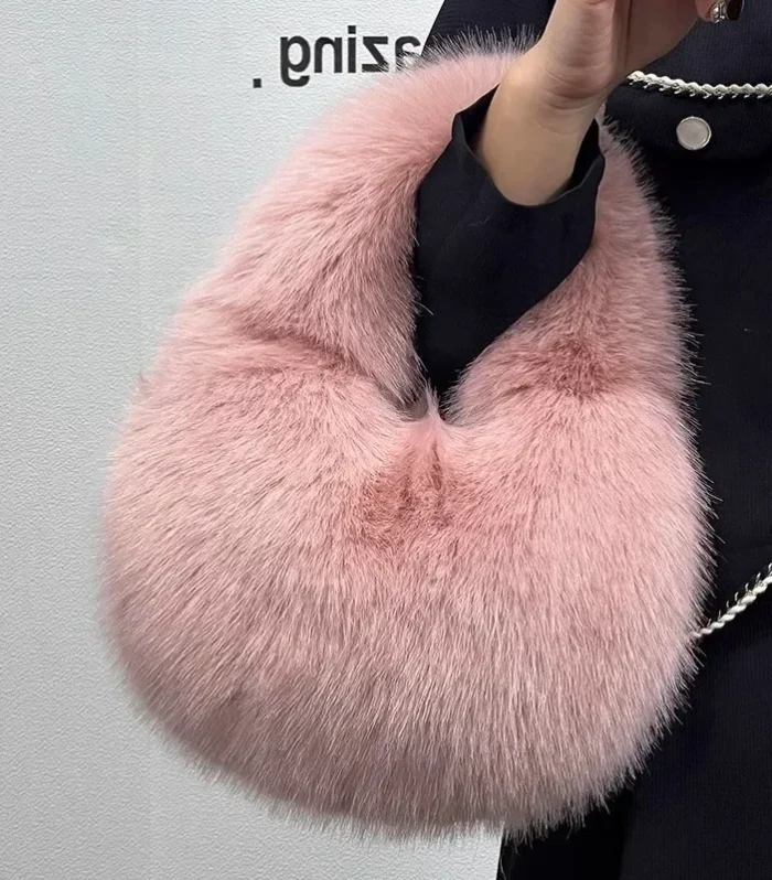 Winter Casual Furry Shoulder Bags for Women Solid Color Soft Plush Ladies Clutch Purse Handbags Lightweight Female Hobos Bag