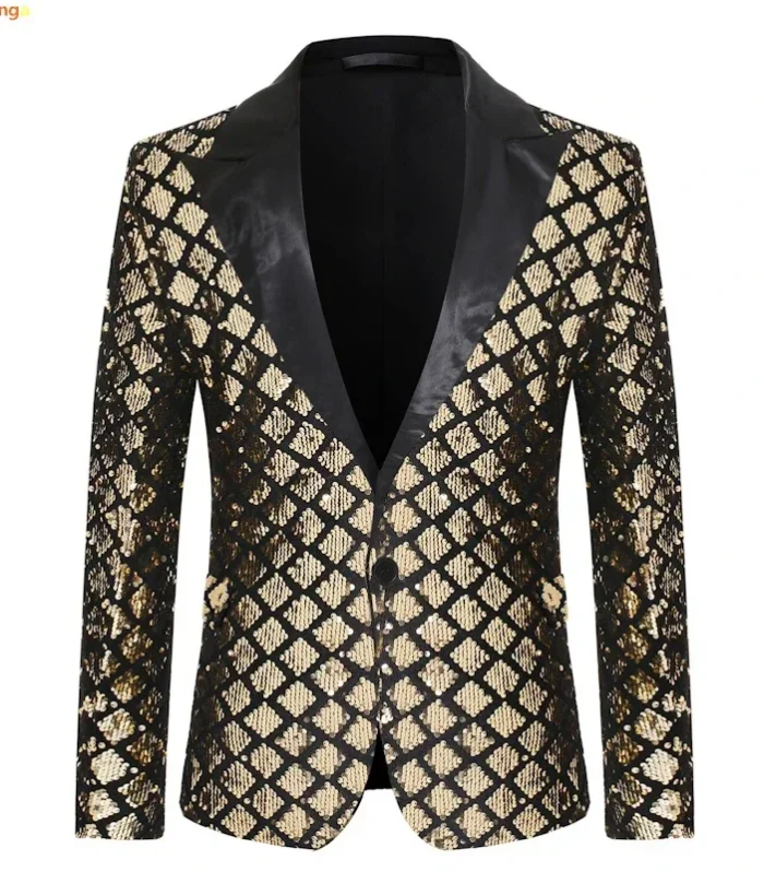 Men Black Collar Suit Jacket, Glitter Sequin Decoration Wedding Party Dress Coat, Silver Blue Fashion Blazers European Size