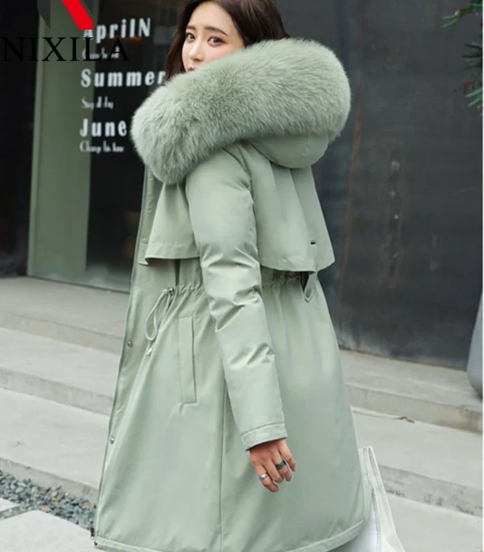 New in Winter Women's Parkas Plush Cotton Jacket Thick Coat with Hood Midi Long Wool Collar Warm Padded Hot Female Clothing