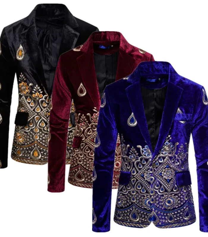 New Men Luxury Golden Velvet Suit Jacket , Gentleman's Court Wedding Prom Party Embroidered Flower Blazer Coats